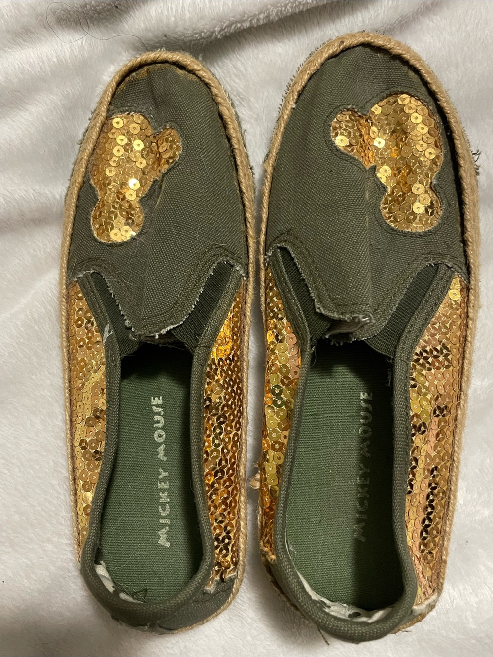 Vintage Disney Olive Green & Gold Sequin Espadrille Slip-Ons